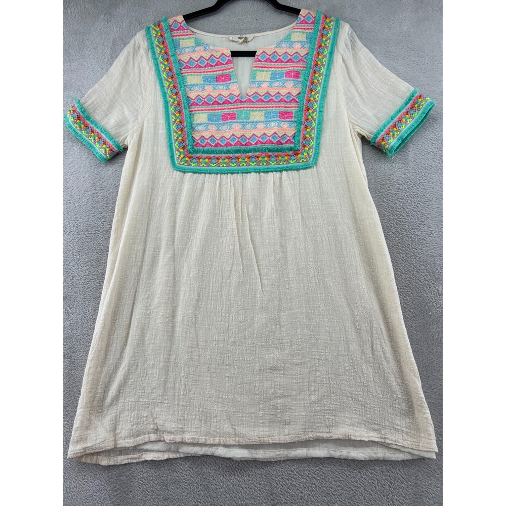 Entro Dress Women's Medium White Teal Aztec Boho Short Sleeve Embroidered